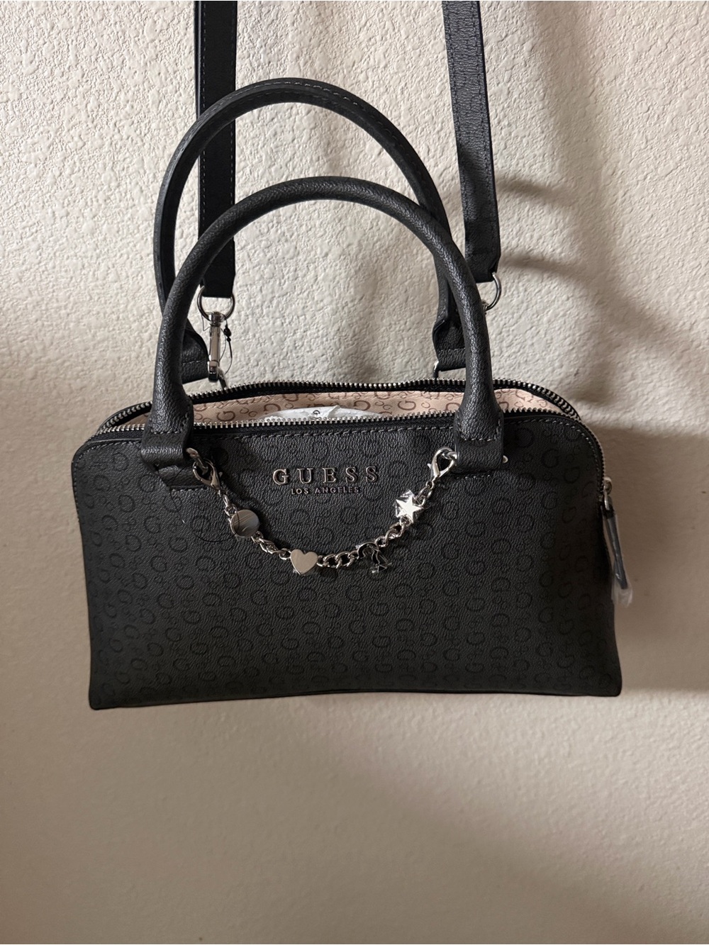 GUESS Black Logo Satchel with Silver Charm Chain